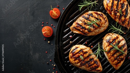 Grilled chicken breasts on a grill plate on black background with copy space, top view. Bbq background 