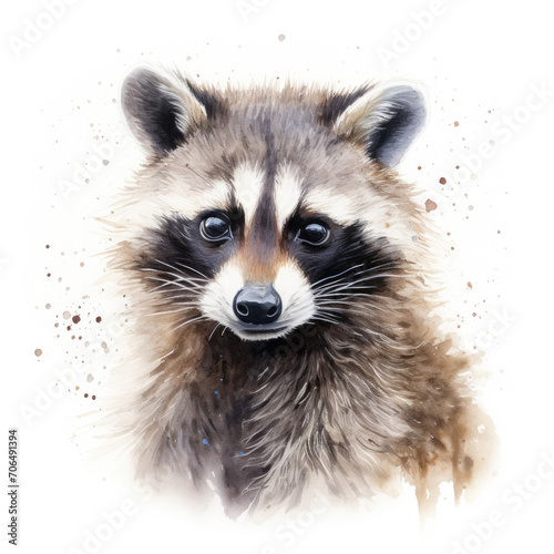 Digital watercolour illustration of a raccoon, capturing its intricate facial features and expression. White background. © Rixie