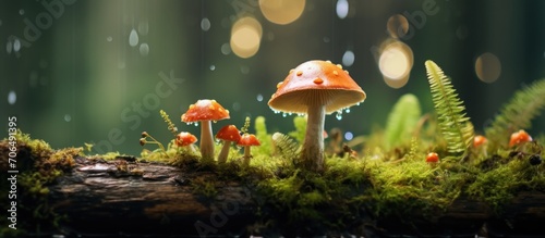 Fall concept of mushroom hunting in the forest, with mushrooms on moss and a rainy background.