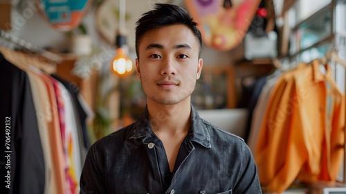 A young man in a denim shirt exudes a relaxed and stylish aura in a boutique filled with colorful attire.