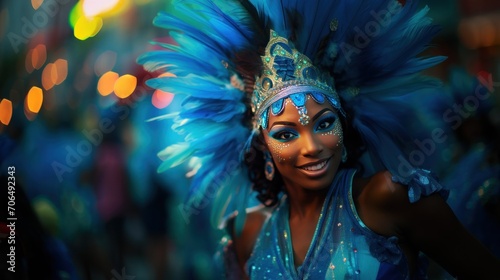 portrait beautiful girl at the carnival in Rio de Janeiro, with blue mascara, poster, banner