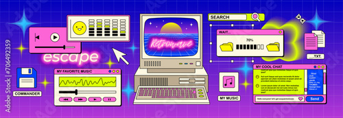The screen of an old retro PC in the y2k style. Retro wave and vaporwave background. Bright vintage computer interface