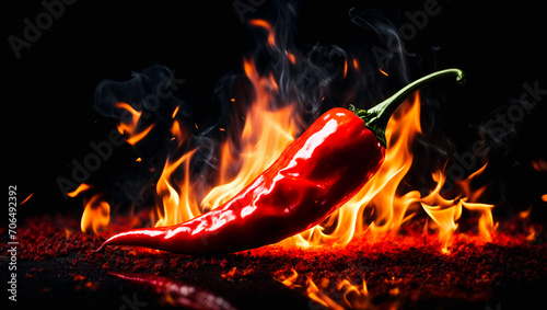 Red hot chilli pepper in fire on dark black background, Creative wallpaper with burning red pepper, Red chilli peppers. Ai Generative