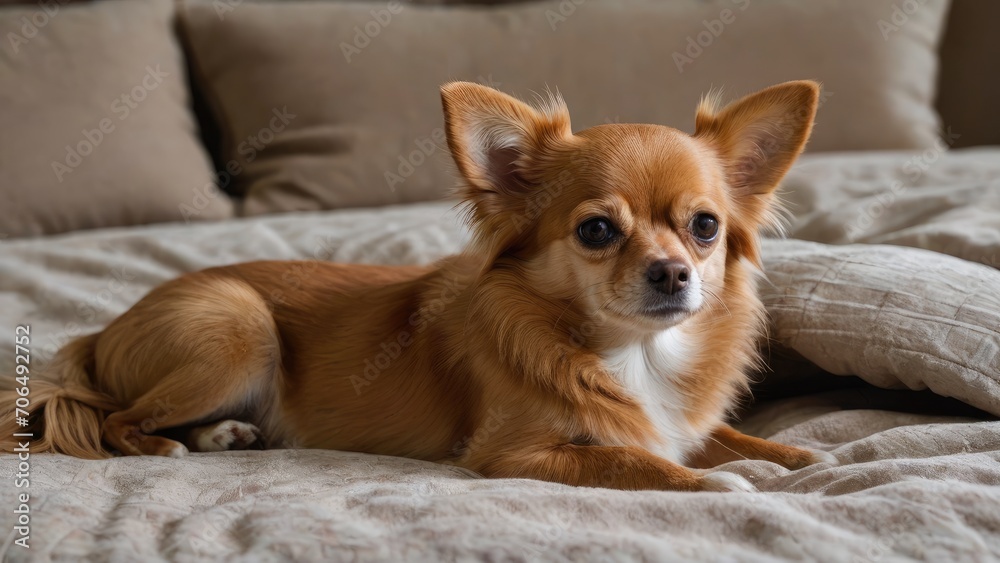 Red chihuahua dog lying on bed in the bedroom Red chihuahua dog lying on bed in the bedroom