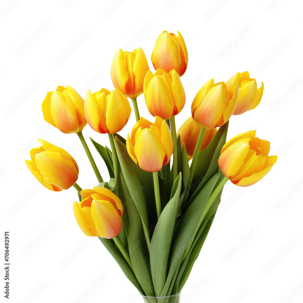 Bouquet of yellow tulips isolated on transparent background. Mother's Day background. AI Bouquet of yellow tulips isolated on transparent background. Mother's Day background. AI