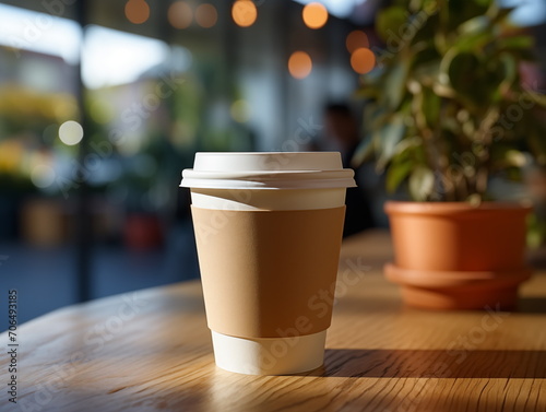 Close-up of disposable cup on table  take away paper cup  Generated AI