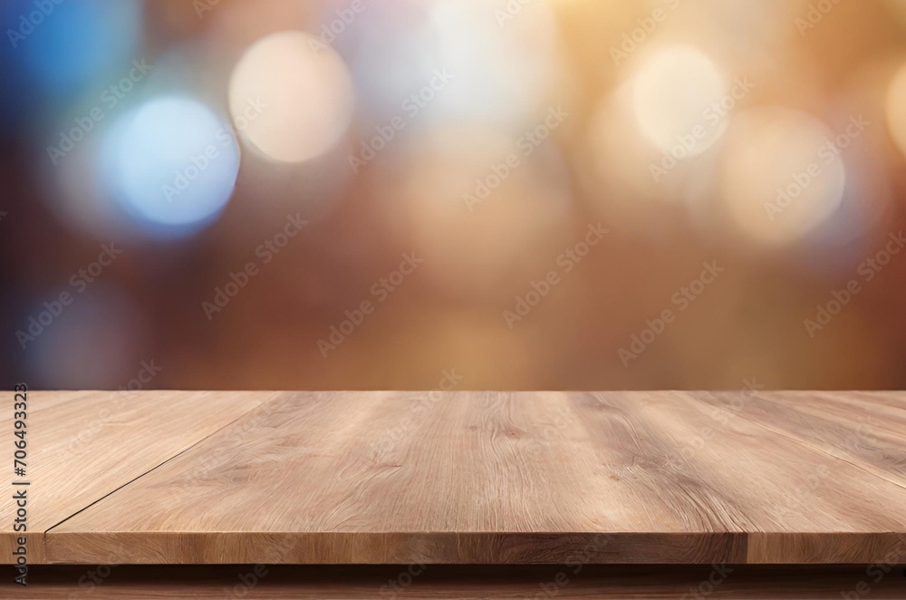 Wooden Top Table With Bokeh Light Effect And Blur Background