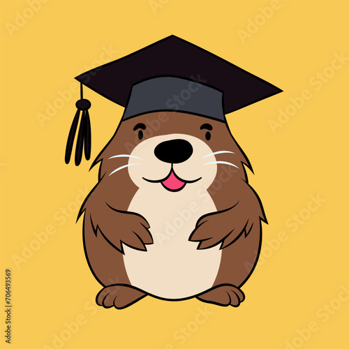 Vector flat cute beaver illustration with yellow background