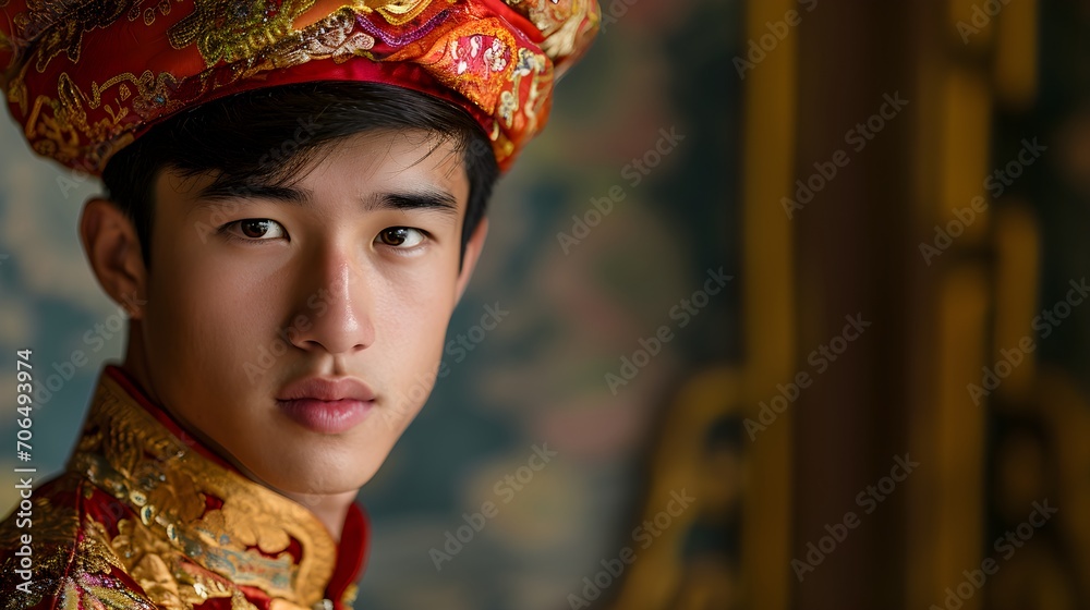 A young man in traditional attire poses with an intense gaze, highlighting the rich textures and patterns of his garment.