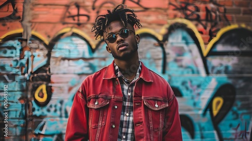 A stylish young man stands in front of a vibrant graffiti wall, wearing a red jacket and sunglasses with confidence.