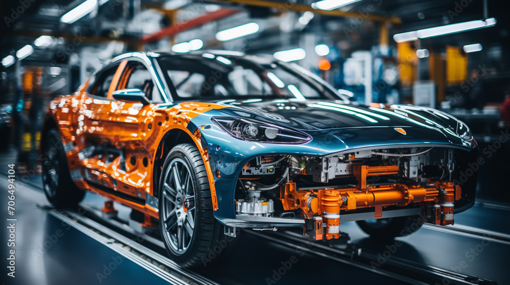 Photo of automobile production line. Modern car assembly plant. Photo of automobile production line. Modern car assembly plant.