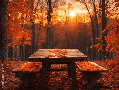 Empty Wooden Table With Autumn Background