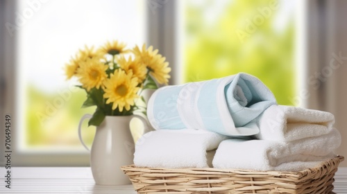 A Basket Brimming with Towels, Set on a Window Sill with Views of a Summer Day