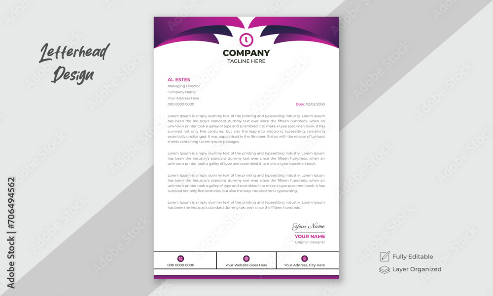 Professional and clean, modern, creative letterhead design, business proposal letter.	