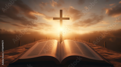 Open book on old wooden table with cross photo