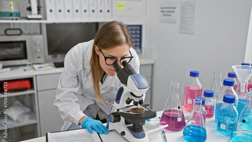 A young caucasian woman scientist examining a sample under a microscope in a well-equipped laboratory. A young caucasian woman scientist examining a sample under a microscope in a well-equipped laboratory.