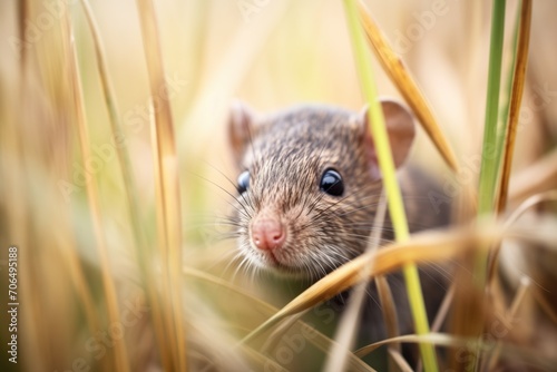 close-up of shrew in wild grass
