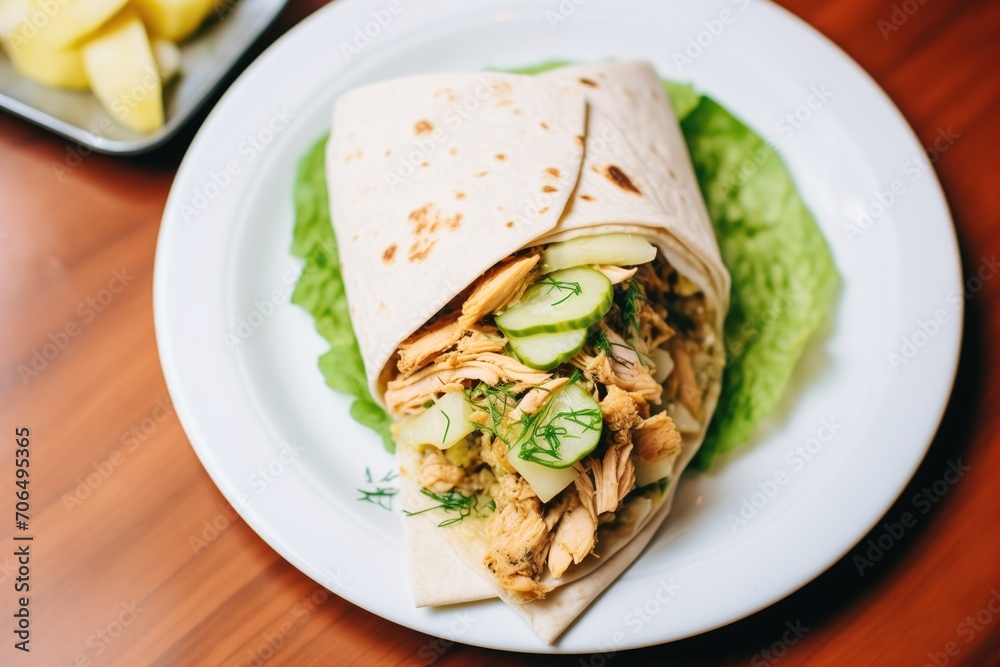 top view of a shawarma sandwich with green pickles on the side top view of a shawarma sandwich with green pickles on the side