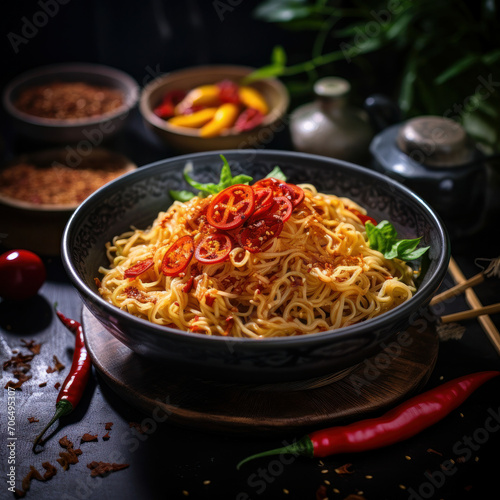 Closeup of Maggi mee instant noodle, garnished with chillies, under natural lighting. ai generative
