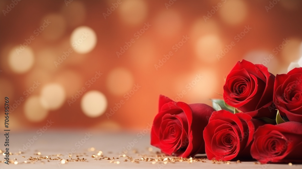 Red Rose flowers on bokeh light glitter background for love wedding and valentines day with copy space.  love romance background, Surprise Valentine Day