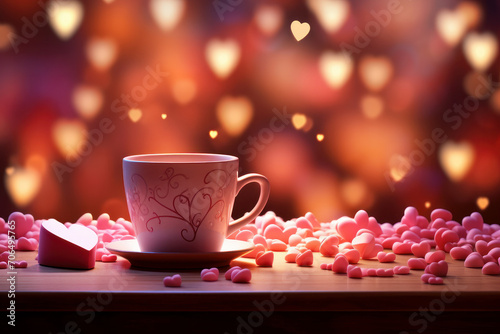 Valentine's Day table background in bright and vivid colors. Ultra-realistic and festive.ai generative