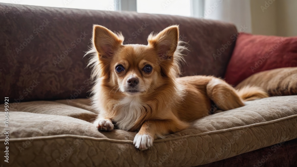Red chihuahua dog lying on sofa at home Red chihuahua dog lying on sofa at home