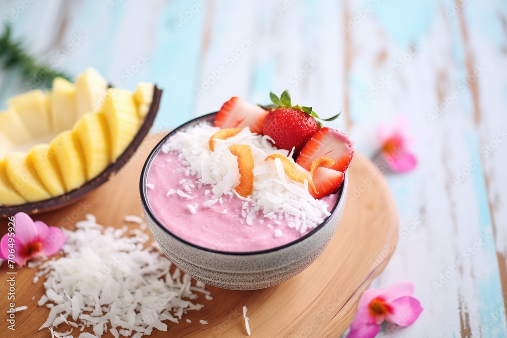 bright dragon fruit smoothie bowl with coconut flakes on top