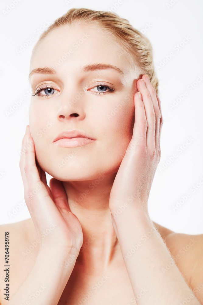 Portrait of person, touching face or beauty for wellness with cosmetics, aesthetic or healthy glow. Facial dermatology, studio or confident woman with pride or skincare results on white background