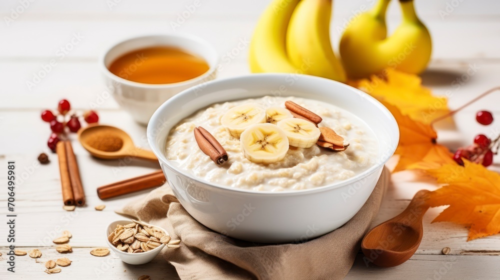 Creamy Oatmeal with Sliced Banana and Honey, Topped with Yogurt in a White Bowl, Presented on a Rustic Wooden Surface Creamy Oatmeal with Sliced Banana and Honey, Topped with Yogurt in a White Bowl, Presented on a Rustic Wooden Surface