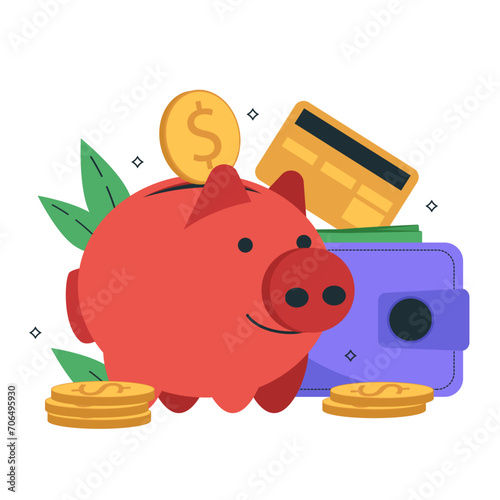 Financial growth. Illustration for the financial industry. Piggy bank, coins, wallet, credit or debit card and leaves. Vector graphic.