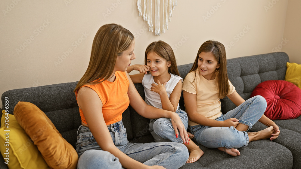 Young hispanic mother conversing with her daughters sitting on a gray sofa in a cozy living room