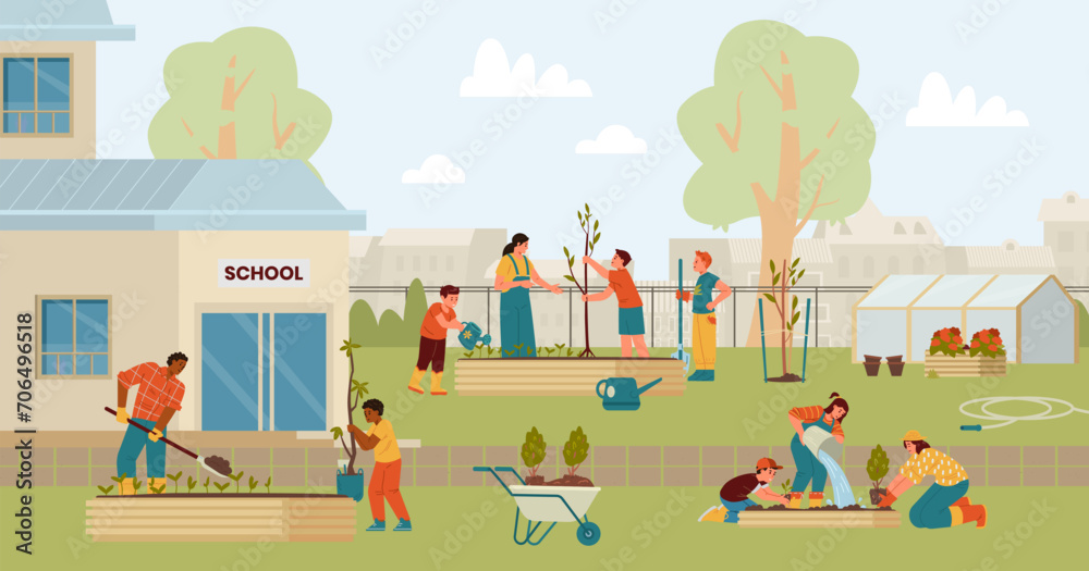 Teachers and children planting trees and bushes in the school backyard flat vector illustration. School garden with people, greenhouse, beds, cart, freshly planted trees and bushes. - obrazy, fototapety, plakaty 