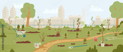 Fototapeta Naklejka Na Ścianę i Meble -  Community garden during plantation process in Spring with seedlings, trees and bushes, gardening equipment flat vector illustration. Public garden with no people scenery.
