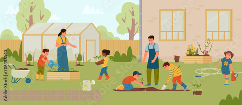 Teachers and children planting trees and bushes in the school backyard flat vector illustration. School garden with people, greenhouse, beds, cart, freshly planted trees and bushes.