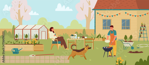 Couple and a dog in the backyard having barbecue in Spring flat vector illustration. Spring gardening season in the countryside.