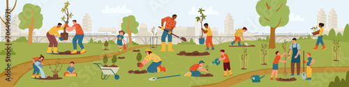 Multiracial group of people working in community garden. Adults and kids planting trees and bushes outdoors vector horizontal banner. Different people carrying trees, digging, watering.