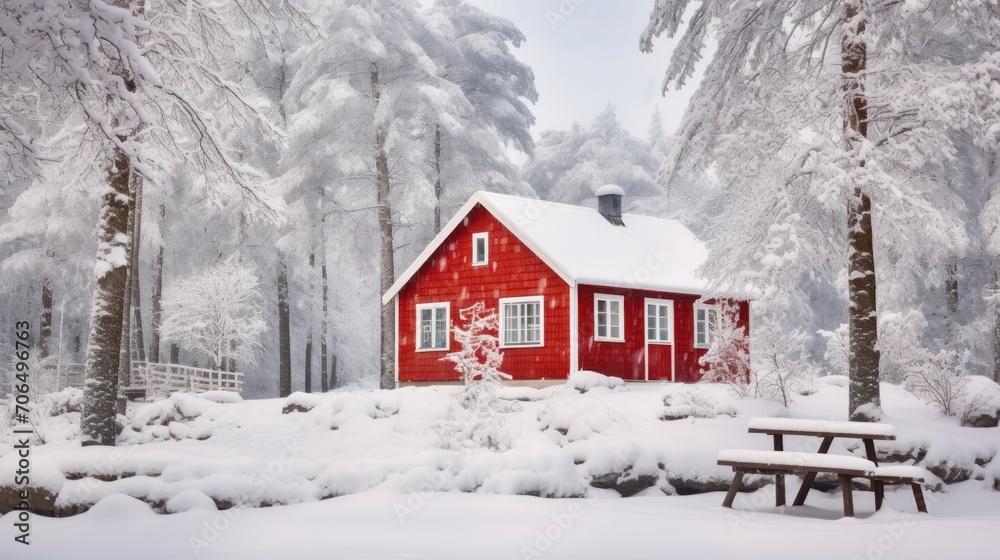 A Warm Red Wooden Abode Surrounded by the Tranquil Beauty of a Snowy Winter A Warm Red Wooden Abode Surrounded by the Tranquil Beauty of a Snowy Winter