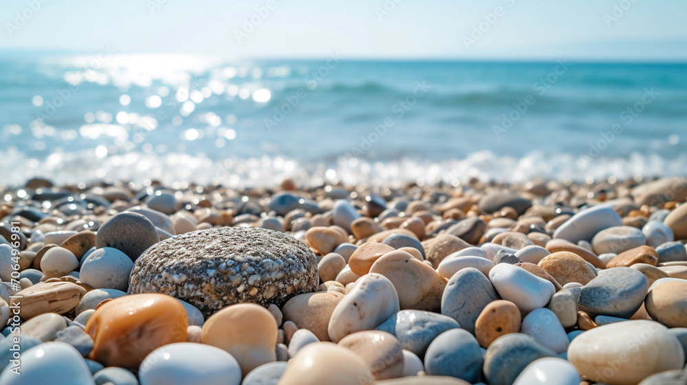 Shingle Or Stones On A Beach Washed Up By The Sea On A Bright Sunny Day. Beach Chairs Looking Out To Sea. Background. Shingle Or Stones On A Beach Washed Up By The Sea On A Bright Sunny Day. Beach Chairs Looking Out To Sea. Background.