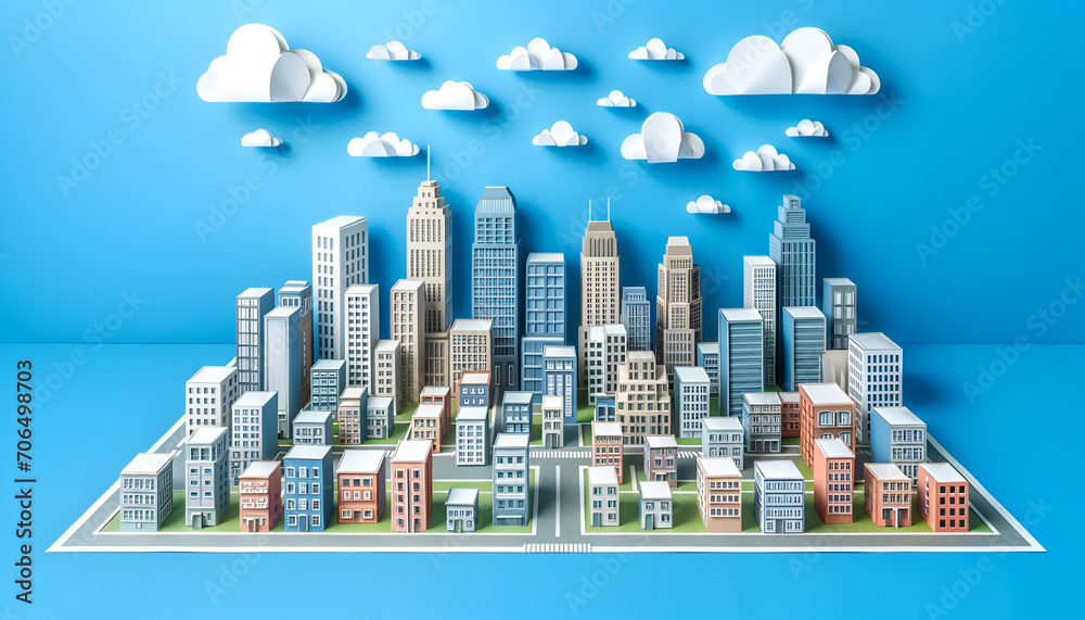 A papercraft-style city skyline under a bright blue sky. The skyline features an extensive array of buildings stretching for miles, showcasing various buildings