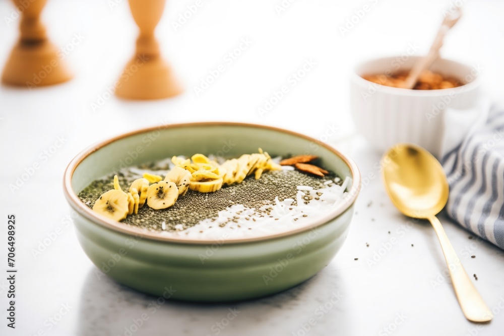 Fototapeta premium spirulina smoothie bowl with sliced bananas and chia seeds