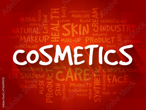 Cosmetics - mixtures of chemical compounds derived from either natural sources, or synthetically created ones, text concept background