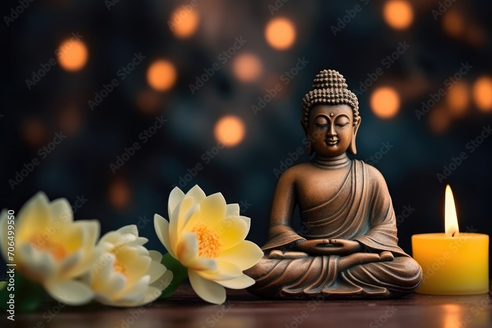 Mahavir Jayanti, sacred deity, bronze Buddha figurine, religious holiday, statuette, candles, lotuses and bokeh effect
