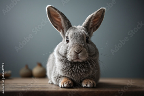 grey rabbit sitting on a table