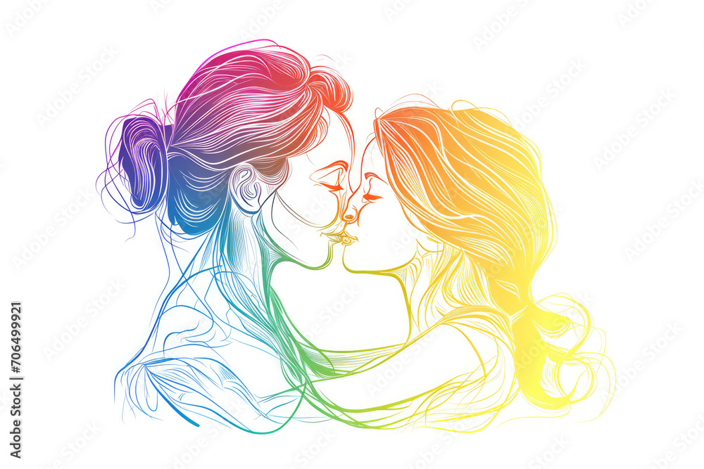 Mother hugs daughter. Older and younger sisters. Rainbow colors in linear