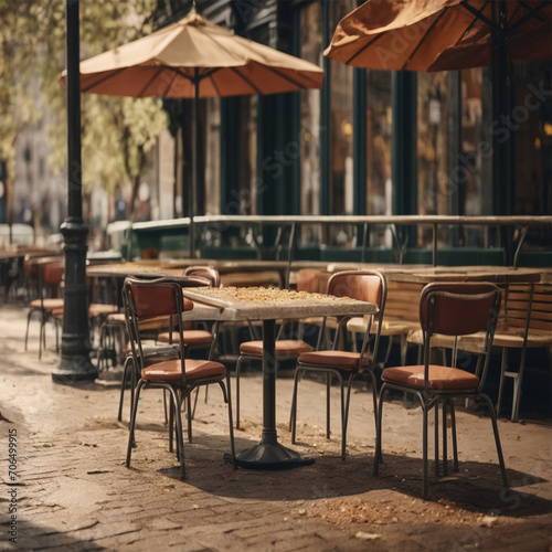 Deserted open-air city square bistro in a vector depiction, portraying a disorderly exterior with a damaged table in the abandoned cafeteria.