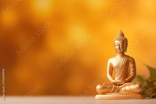 Mahavir Jayanti, bronze Buddha figure, sacred deity, statuette on a golden background, place for text photo