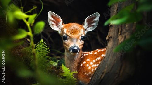 little deer hides in the forest near trees and greenery photo