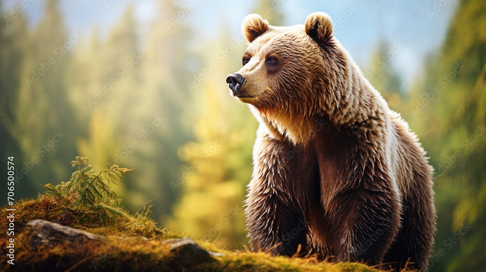 Fototapeta premium big wild bear climbed a hill among the trees. space for text