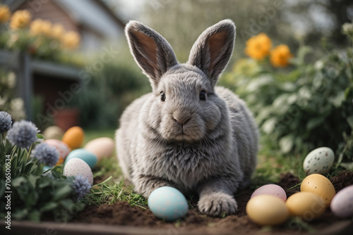 easter bunny with easter eggs in the garden 