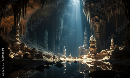 Majestic Limestone Cave Interior Illuminated by Natural Light, Featuring Stalactites and Stalagmites in an Ancient Subterranean Landscape photo